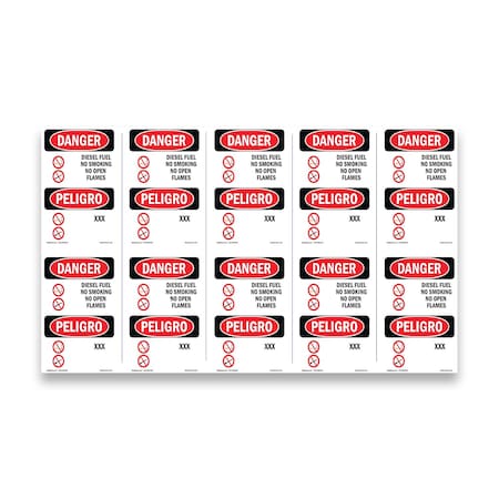 OSHA Danger Sign, Diesel Fuel No Smoking Bilingual, 5in X 3.5in Decal, 10PK, OS-DS-D-35-VT-1124-10PK