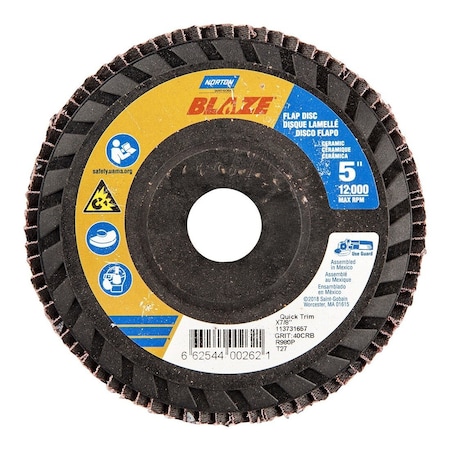 Norton Co Flap Disc: 7/8" Hole, 40 Grit, Ceramic, Type 27 66254400262