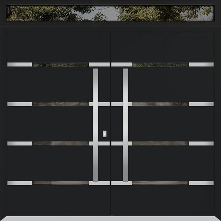 Vdomdoors Metal Double Doors Deux 1105 Black Enamel Top Transom Mirrored Clear Glass Top Transom Entry Modern DEUX1105DEXD-BLK-W72xH80+14-LH-I
