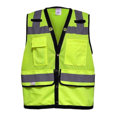 Reflective Apparel ANSI Type R Class 2 Twelve Pocket Mesh Surveyors Vest with Black Trim 587ET-LM-MD