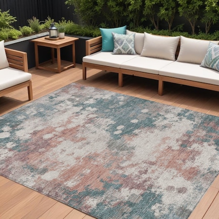 Homeroots 9' X 12' Coral And Teal Blue Abstract Washable Indoor Outdoor Area Rug 631973