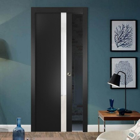 Sartodoors Sliding French Pocket Door 28 x 84 inches with, Planum 0040 Matte Black with White Glass, Kit Trims PLANUM0040PD-BLK-2884