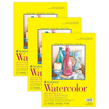Strathmore 300 Series Watercolor Pad, Cold Pressed, Tape Binding, 12 Sheet, 11x15 inch, 3PK P360-111-03