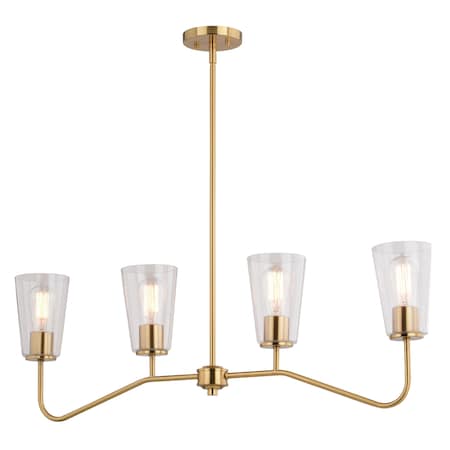 Vaxcel Beverly 4 Light Gold Brass Linear Chandelier Island Pendant Fixture Clear Glass Shade H0287