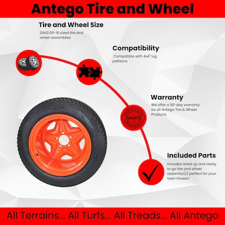 Antego 26X12.00-16 Tire and Wheel Assembly Kubota Original Equipment Replacement A16105006021030426120016