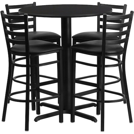 Flash Furniture Round Black Bar Table, X-Base w/Black Seats, Laminate Top, Wood Grain HDBF1021-GG