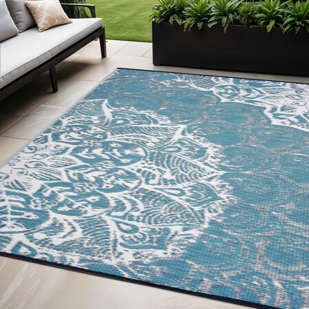 Homeroots 5' X 8' Teal Blue Floral Indoor Outdoor Area Rug 555572