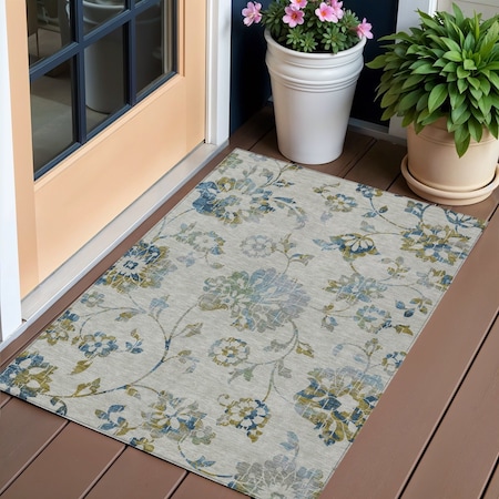 Homeroots 3' X 5' Taupe Navy Blue And Denim Blue Floral Washable Indoor Outdoor Area Rug 589506