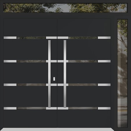 Vdomdoors Metal Double Doors Deux 1105 Black Enamel Mirrored Clear Glass 1 Sidelight and Top Transom Entry Mo DEUX1105DEXD-BLK-W72+14xH96+12-LH-I