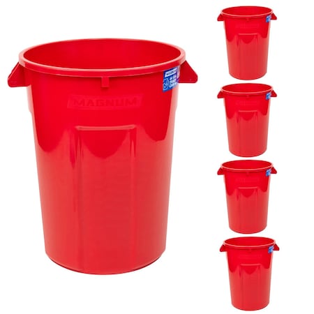 Magnum Tool 44 Gallon Trash Can, High-Vis Red, Construction Grade, Heavy Duty Plastic, 5PK CMTC-C000-44R05