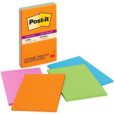 3M Post-It, Pads In Rio De Janeiro Colors, Lined, 5 X 8, 4PK 5845SSUC