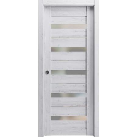 Sartodoors Sliding French Pocket Door 18 x 84in, Nordic White W/ Frosted Glass, Kit Trims Rail Hardware QUADRO4445PD-NOR-1884