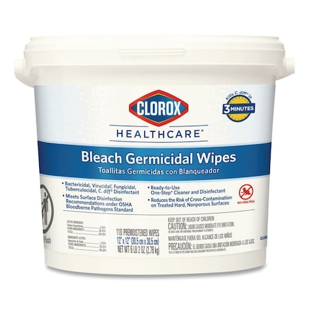 Clorox Bleach Germicidal Wipes, 12 x 12, Unscented, 110/Bucket 10044600303588