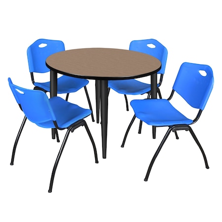 Regency Round Kahlo Breakroom Table W/ 4 M Stack Chairs, 42 in W, 42 in L, Noble Oak TPL42RNDNOBK47BE