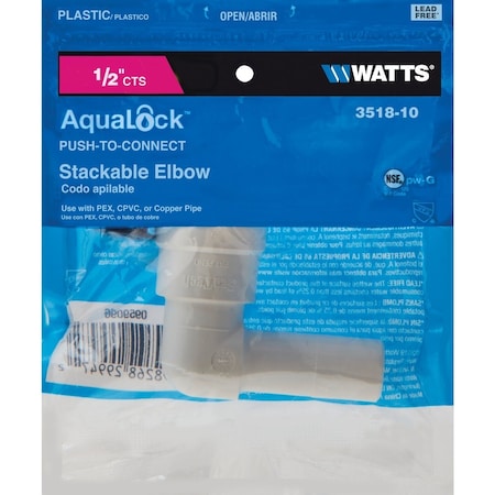 Watts 1/2'' CTS 90 Deg. Quick Connect Stackable Plastic Elbow, 1/4 Bend 3518-10