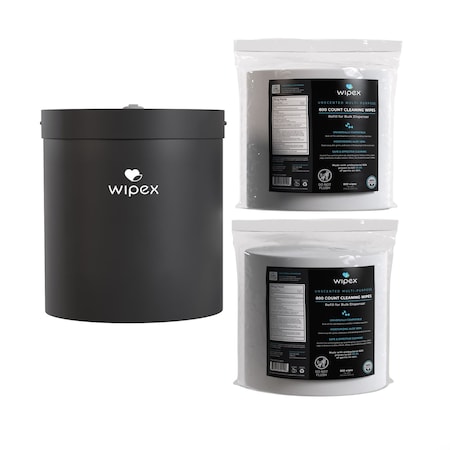 Wipex Plastic-Free Sanitizing Wipes 800ct Bundle, 2 Refill Rolls + Black Wall Dispenser, 1600 Wipes WX72267BWD2BZR