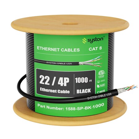 Syston Cable Technology Cat 8 Ethernet Cable S/FTP Bulk, 1000ft Black, 2000 MHz 22 AWG Solid Copper, CL2R CMR Riser-Rated BULK1588-1000BK