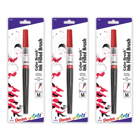 Pentel Color Brush with Water-Based Ink, Medium Tip, Red, 3PK GFLBP102