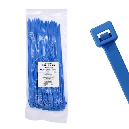Cable Ties Unlimited Cable Tie, 11 in L, 50 lb Strength, 3.2 in Max Bundle Dia, Nylon 6/6, Blue 100PK C11-50-Blue