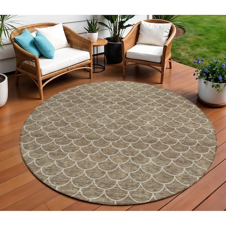 Homeroots 8' Brown And Beige Round Geometric Washable Indoor Outdoor Area Rug 596173