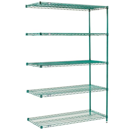 Global Industrial Nexel 5 Shelf, Poly-Green Wire Shelving Unit, Add On, 72"W x 12"D x 86"H B3150196
