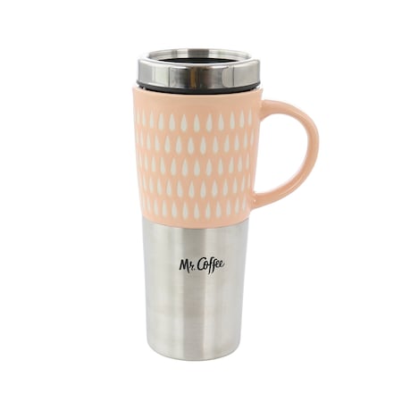 Mr. Coffee Travertine 16 Ounce Stoneware and Stainless Steel Travel Mug With Lid in Light Pink 138967.01