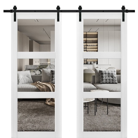 Sartodoors Sturdy Double Barn Door with Clear Glass 3 Lites, Lucia 2555 White Silk, 13FT Rail Hangers Heavy S LUCIA2555DB-WS-5684