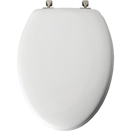 Bemis Mayfair Elongated Closed Front White Wood Toilet Seat with Brushed Nickel Hinges 144BN 000