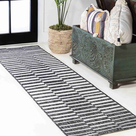 Jonathan Y Sukie Modern Offset Stripe Black/Ivory 2 ft. x 8 ft. Indoor/Outdoor Runner Rug SMB133F-28
