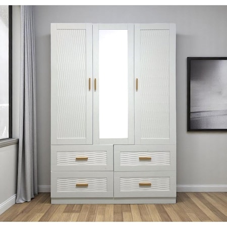 Homeroots 75" White Ribbed Texture Wood Mirrored Three Door Four Drawer Combo Dresser 617963