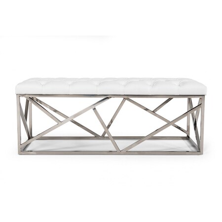 Homeroots 48in White and Silver Tufted Faux Leather Upholstered Bench 473162