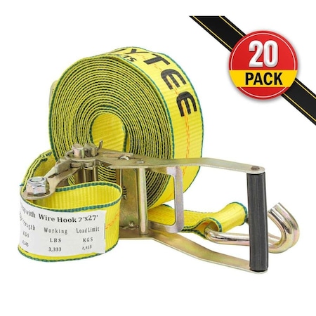 Mytee Products 2in x 27ft Ratchet Tie-Down Straps w/ Wire Hook 10000 Lbs Capacity, 20PK RS227WHx20