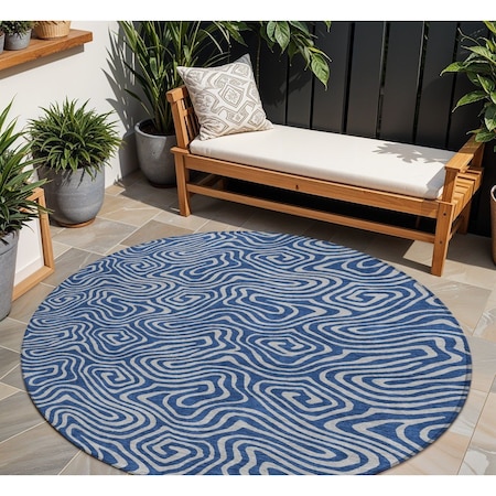 Homeroots 8' Navy Blue And Gray Round Abstract Washable Indoor Outdoor Area Rug 599822