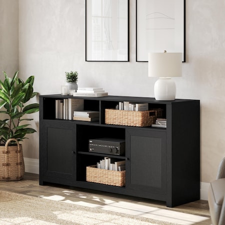 Flash Furniture Malaki 58 Inch Buffet Sideboard w/2 Soft Close Doors and Cntr Shelf, up to 65in. TV's, Black/Rattan EV-ET8114-ZZ-BLK-GG