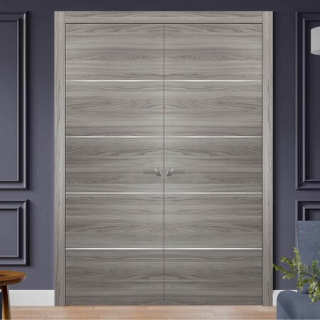 Sartodoors French Double Interior Doors with Hardware, Planum 0020 Ginger Ash, Panel Frame Trims, Bathroom Bed PLANUM0020DD-GA-36