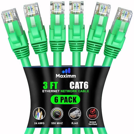 Maximm Cat6 Ethernet Cable 3ft 10Gbps 550MHz UTP, 6PK, Green, 6PK CAT6CCA-3GN-6PK