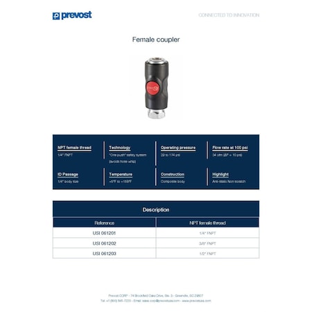 Prevost 1/4 Inch Female Npt Prevos1 Usi 06 Automotive Truflate 1/4 Inch Composite Body Quick Safety Coupler USI 061201SW
