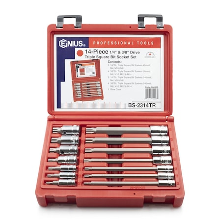 Genius Tools 14PC 1/4 & 3/8in Dr. Long Triple Square Bit Socket Set BS-2314TR