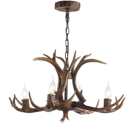 Jonathan Y Eldora 26" 4-Light Rustic Farmhouse Adjustable Resin Antler LED Chandelier, Brown JYL6301A