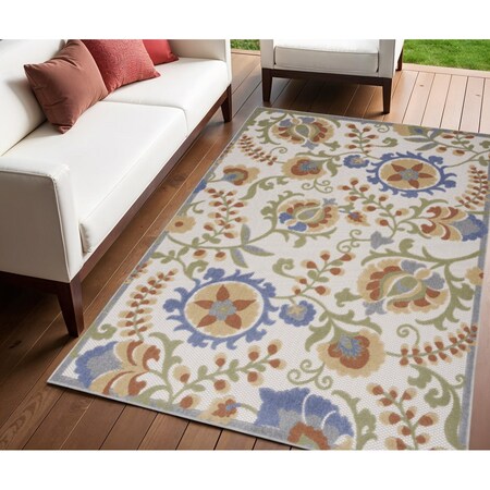 Homeroots 4' X 6' Ivory And Blue Indoor Outdoor Area Rug 527613