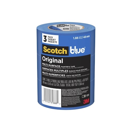 Scotch 2090-48EVP Painters Tape, 60 yd L, 1.88 in W, Crepe Paper Backing, Blue, 3PK 2090-48EP3
