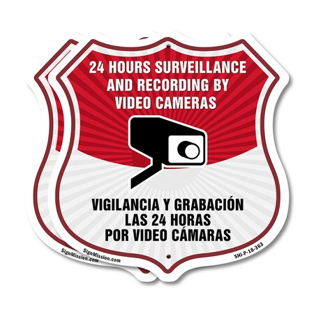 Signmission Bilingual 24 Hour Surveillance Shield Si, 18 inch X 18 inch, Plastic Sign, 2PK SHI-P-2PACK-18-363