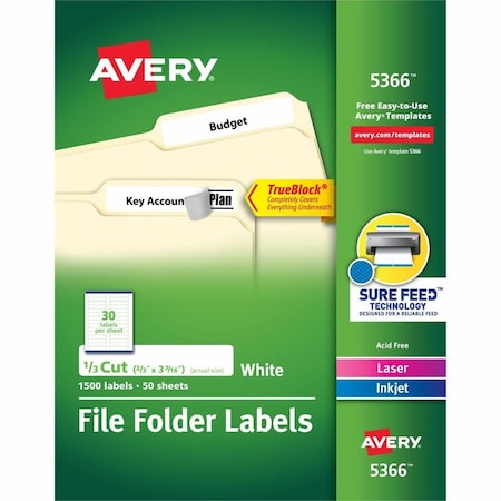 Avery TrueBlock File Folder Labels, 2/, PK1500 5366