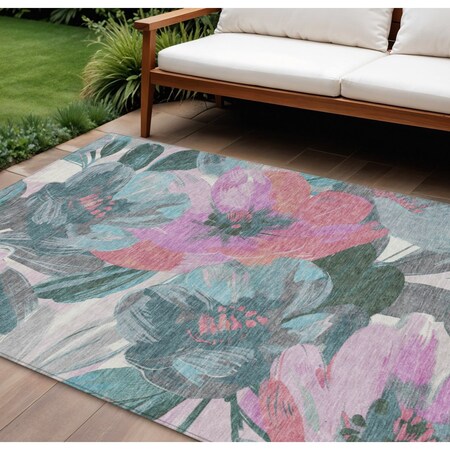 Homeroots 9' X 12' Teal Blue And Aqua Floral Washable Indoor Outdoor Area Rug 611100