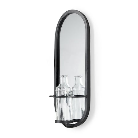 Homeroots 19" Black And Clear Glass Bottle Metal And Mirrored Glass Oval Wall Vase 608652