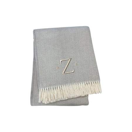 Homeroots 55" X 70" Gray White Herringbone Cotton Blend Z Initial Throw Blanket with Tassels Embroidery 655549