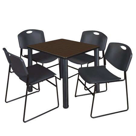 Regency Square Kee Breakroom Table W/ 4 Zeng Stack Chairs, 30 in W, 30 in L, Neo Walnut TB3030NWBPBK44BK