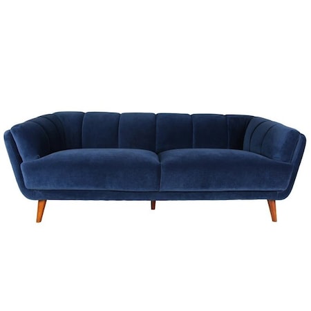 Homeroots Midnight Blue Velvet Finish Sofa with Solid Wood Dark Walnut Fluted Legs 373976