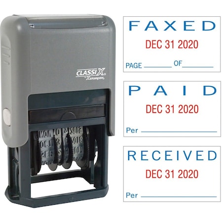 Shachihata Xstamper Self-Inking Message/Date Stamp, PAID/FAXED/RECEIVED, 15/16" x 1-3/4", Blue/Red 40330