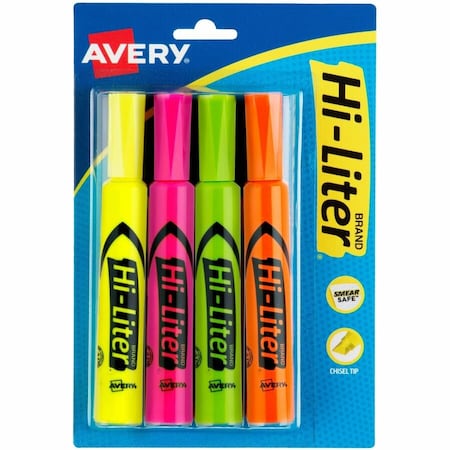 Avery Hi-Liter Desk Style Highlighter / Chisel Tip / Yellow / Pink / Green / Orange / 4 / Pack 24063